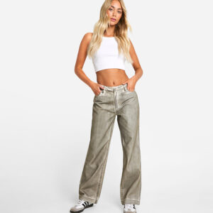 Pleat Front Grunge Coated Straight Fit Jeans