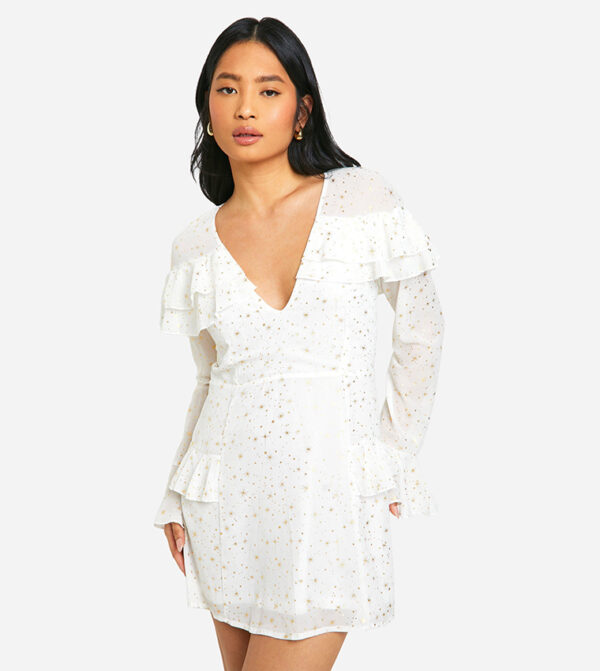 Petite Star Ruffle Detail Plunge Mini Dress - Image 4