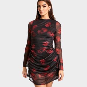 Floral Print Mesh Ruched Mini Dress