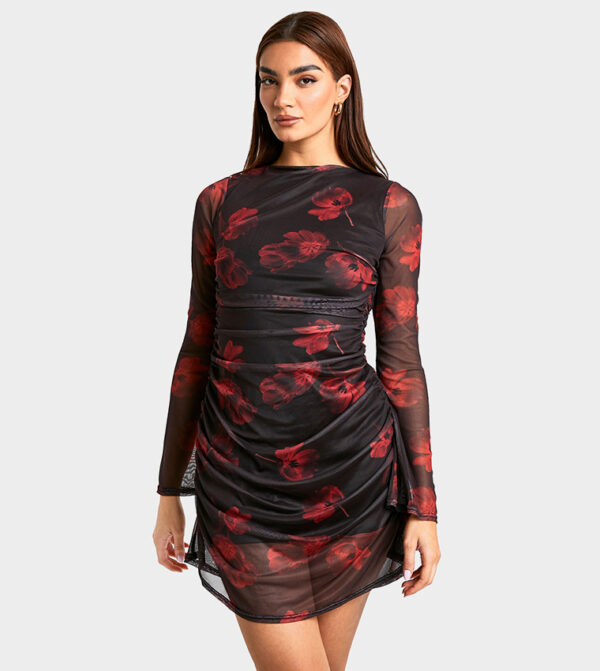 Floral Print Mesh Ruched Mini Dress